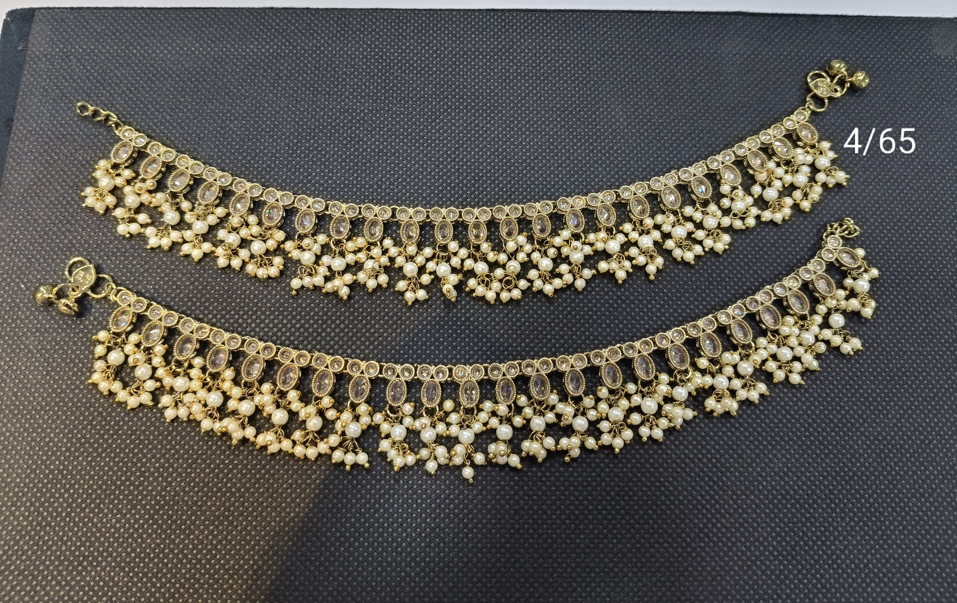 Traditional Golden Pearl Anklet Pair with Floral Kundan Design
